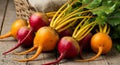 Red and Golden Beets on Rustic Wooden Surface Royalty Free Stock Photo