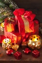 Red and golden christmas gift box and decoration Royalty Free Stock Photo