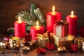 Red and golden christmas gift box and decoration lantern candle