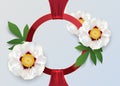 Red golden circle logo frame with big white peony flowers. Gold round frame, red silk fabric ribbon, flower, green leaf on white