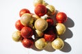 Red and golden festive balls decoration top view.