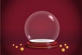 Red and golden glass snowball podium stand with transparent sphere. Promotion