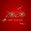 Red 2020 golden numbers with snowflake elements and festive confetti, and spiral ribbons background. Vector holiday