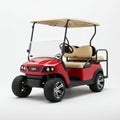 Red golf cart with beige seats and canopy, featuring a black metal frame. The cart\'s Royalty Free Stock Photo