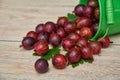 Red gooseberries in a small green bucket on a wooden background Royalty Free Stock Photo