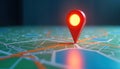 Red GPS pointer marks location on city map. Navigation route app. Travel trip planning. Find place. Discover journey. Global