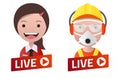 Red gradient Live Stream sign With worker and secretary avatars.