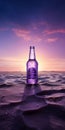 Purple Alcohol Bottle On Sunset Sand - Commercial Imagery Inspired