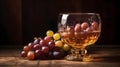Red grape, some green grape fruit and some grape in the glass with water, studio shot black background