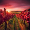 Red grape vineyard at sunset Royalty Free Stock Photo