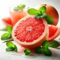 red grapefruit with mint leaves, grapefruit juice, isolated on a white background Royalty Free Stock Photo