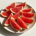 Red Grapefruit Slices on a Beige Plate Royalty Free Stock Photo