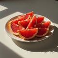 Red Grapefruit Slices on a White Plate in Sunlight Royalty Free Stock Photo