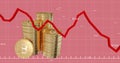 Red graph moving over stack of bitcoins against pink background. Royalty Free Stock Photo