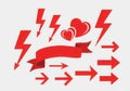 Red graphic elements set: lightning, hearts, ribbon banner, arrows Royalty Free Stock Photo