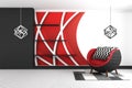 Red graphic wall background, with red armchair and carpet and lamps modern style . 3D rendering Royalty Free Stock Photo