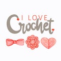 Red gray beige Crochet Shop Logotype, Branding, Avatar composition of crocheted heart, bow, flower. Illustration for