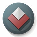 a red and gray button with a triangle on it