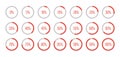 Red and gray color fill pie charts indicator. Red progress bars. Round graph loading progress set. Circle diagrams icons Royalty Free Stock Photo