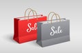 Red and Gray paper bag, Shopping sale, with rope handles, mock up design Royalty Free Stock Photo