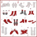 Red, gray and white. Differrent human feet and shoes in orange background