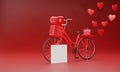 Red great card for Valentine`s Day. Cute red bike realistic 3D rendering with heart shape and on a basket. Gift box on bicycle an