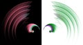 Red and green abstract wavy wings are arranged around rotating arcuate elements on black and white backgrounds. Royalty Free Stock Photo