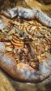 Red and green apple galette with almonds and vanilla ice cream