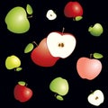 Red and green apples cut in half with core and seeds. Seamless pattern on black background