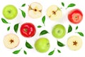 Red and green apples with slices decorated with green leaves isolated on white background top view. Flat lay pattern Royalty Free Stock Photo
