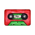 Red and green audio cassette tape. Hand drawn watercolor illustration on white background. Isolated design element from era 80s Royalty Free Stock Photo