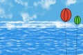 Red and green balloons are floating on the sea and sky background Royalty Free Stock Photo