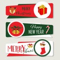 Red green banner with gift box,bell,fox and candy.Merry Christmas.Happy New Year