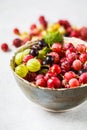 Red, green and black gooseberries in a bowl on gray background Royalty Free Stock Photo