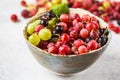 Red, green and black gooseberries in a bowl on gray background Royalty Free Stock Photo