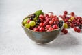 Red, green and black gooseberries in a bowl on gray background Royalty Free Stock Photo