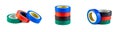 Red, green and blue adhesive insulating electrical tape reels stack set isolated on white background. Royalty Free Stock Photo