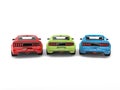 Red, green, and blue american muscle cars - back view Royalty Free Stock Photo