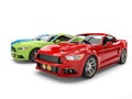 Red, green, and blue american muscle cars - red one in front Royalty Free Stock Photo