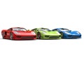 Red, green and blue concept super sports cars