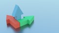 Red, green and blue coordinate arrows on a blue background. 3d illustration. Business idea of problem solving.
