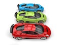 Red, green and blue elegant sports cars - top down side view Royalty Free Stock Photo