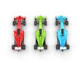 Red, green and blue formula one cars - top view Royalty Free Stock Photo