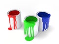 Red, green and blue paint dripping from the sides of paint cans Royalty Free Stock Photo