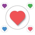 Red, green, blue, pink, violet icons with heart in circle frame isolated, button design