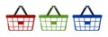 Red, green and blue plastic shopping baskets for shopping with handlesl, vector illustration on white background Royalty Free Stock Photo