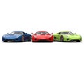 Red, green and blue supercars side by side