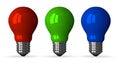 Ã¯Â»Â¿Ã¯Â»Â¿Red, green and blue tungsten light bulbs, front view Royalty Free Stock Photo