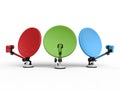 Red, green and blue TV satellite dishes