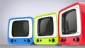 Red, green and blue vintage style television sets